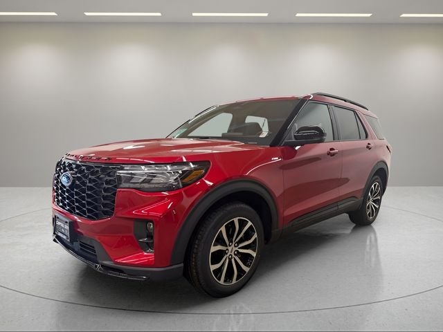 2026 Ford Explorer ST-Line in Rapid Red Metallic Tinted Clearcoat — front three-quarter view
